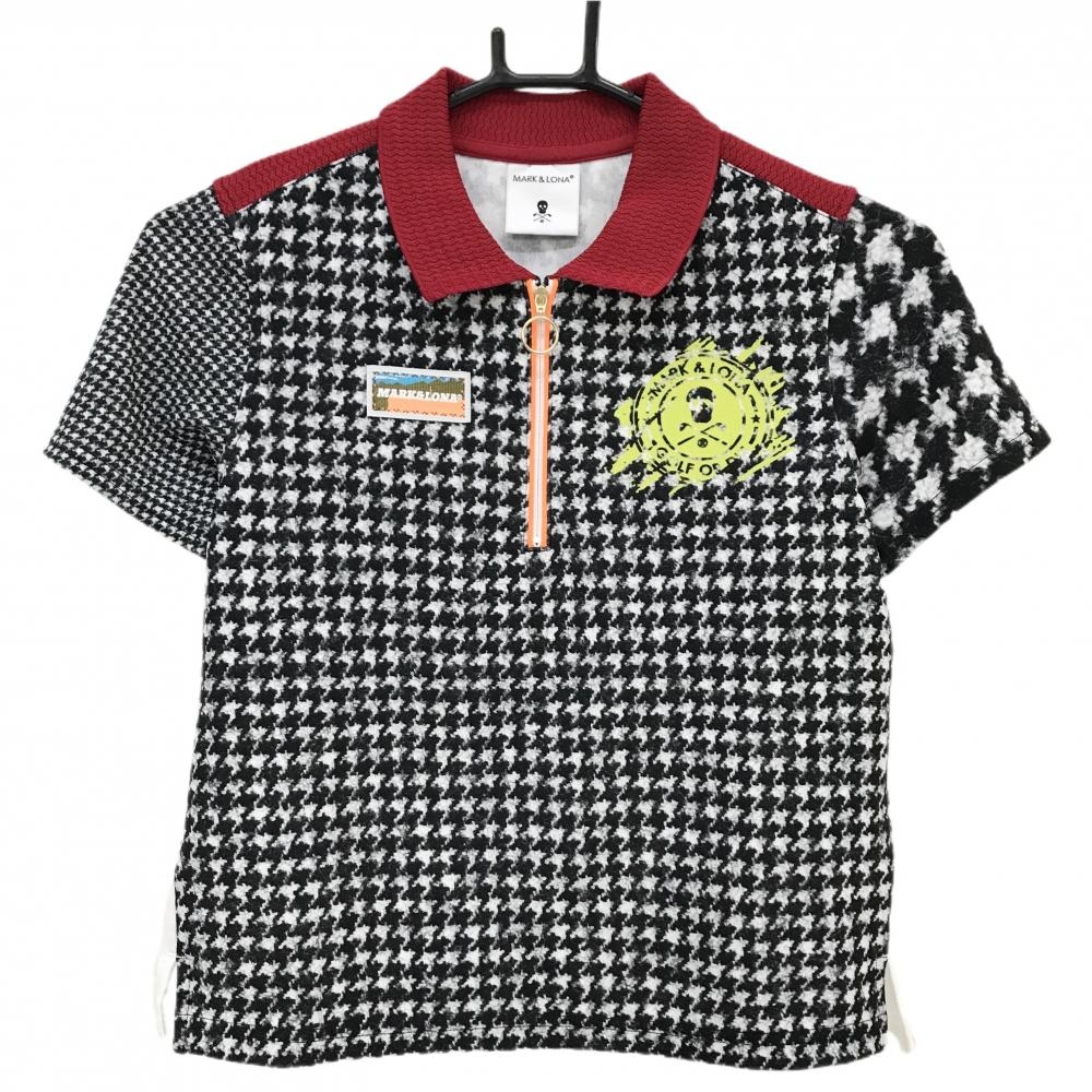 【超美品】マークアンドロナ 半袖ポロシャツ 黒×白 千鳥格子  レディース 36(S) ゴルフウェア MARK＆LONA