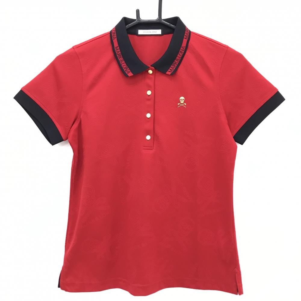 【超美品】マークアンドロナ 半袖ポロシャツ レッド×黒 スカル地模様 襟ロゴ  レディース 38(M) ゴルフウェア MARK＆LONA