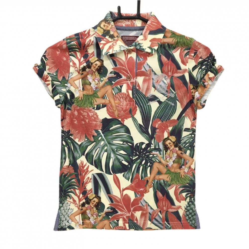 【超美品】マークアンドロナ 半袖ポロシャツ ライトイエロー×グリーン×レッド系 総柄 リーフ レディース XS ゴルフウェア MARK＆LONA