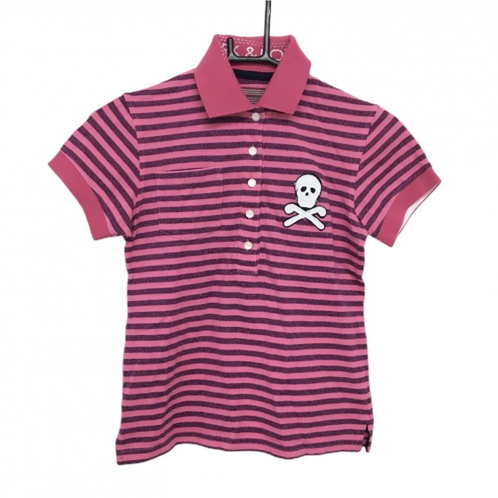 【美品】マークアンドロナ 半袖ポロシャツ ピンク×ダークネイビー系 ボーダー ダメージ加工スカル レディース XS ゴルフウェア MARK＆LONA