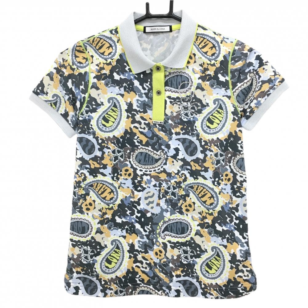 【美品】マークアンドロナ 半袖ポロシャツ グレー×イエロー 総柄 スカル ラインストーン レディース 36(S) ゴルフウェア MARK＆LONA