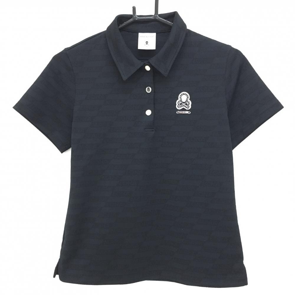 【超美品】マークアンドロナ 半袖ポロシャツ 黒 ロゴ地模様 ラインストーンスカル レディース 38(M) ゴルフウェア MARK＆LONA