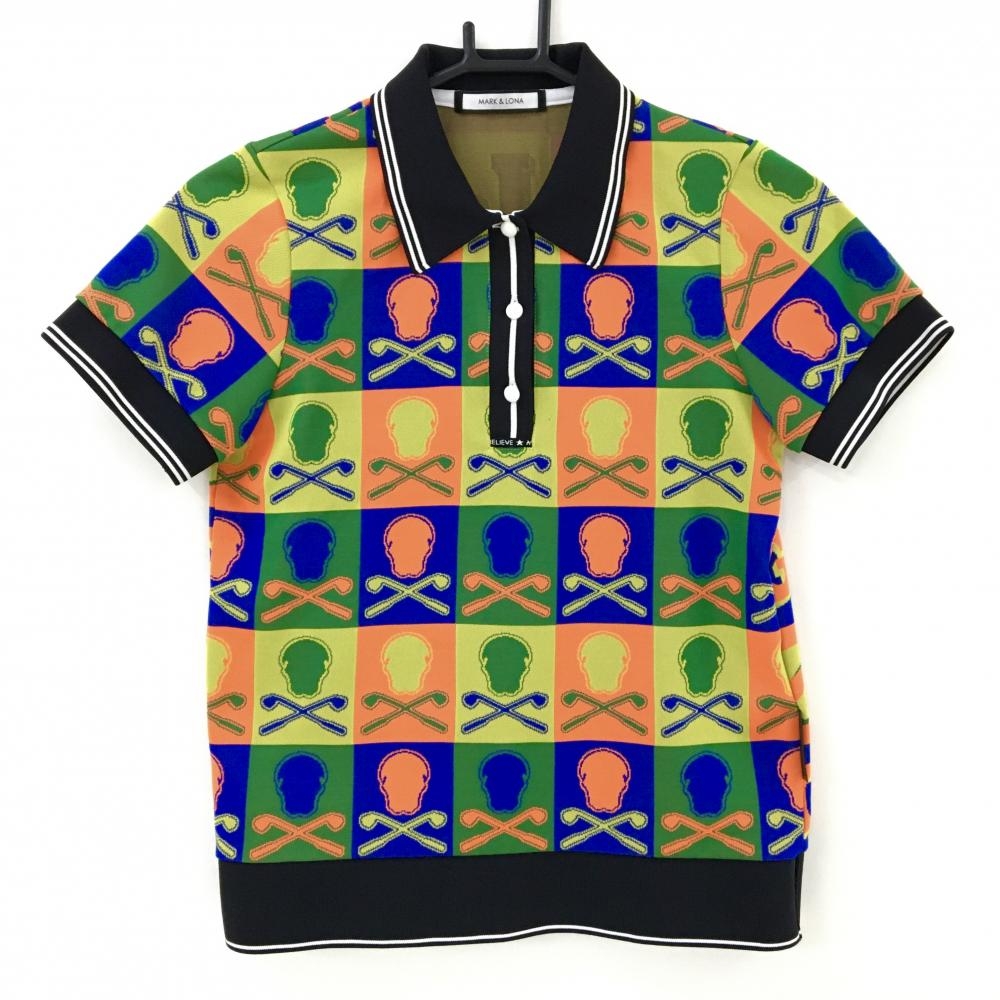【超美品】マークアンドロナ 半袖ポロシャツ マルチカラー スカル総柄 襟・袖口白ライン レディース 38(M) ゴルフウェア MARK＆LONA