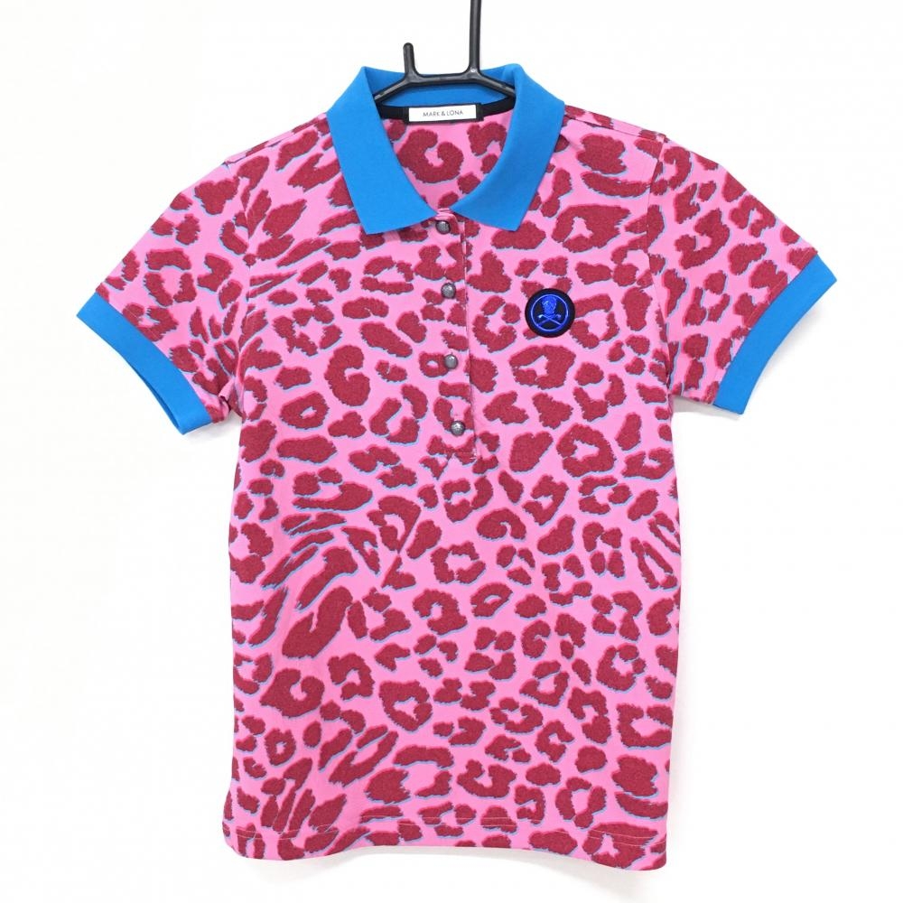 【美品】マークアンドロナ 半袖ポロシャツ ピンク×レッド系×ライトブルー レオパード レディース 36(S) ゴルフウェア MARK＆LONA