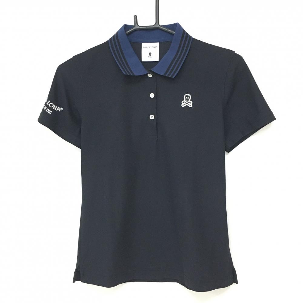 【超美品】マークアンドロナ 半袖ポロシャツ 黒×ネイビー 襟ライン スカルワッペン レディース 38(M) ゴルフウェア MARK＆LONA
