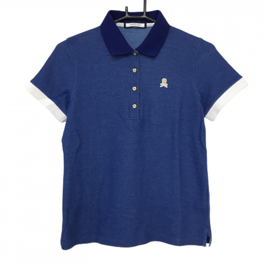 【超美品】マークアンドロナ 半袖ポロシャツ ネイビー系 襟裏ロゴ ミニスカルワッペン レディース 38(M) ゴルフウェア MARK＆LONA