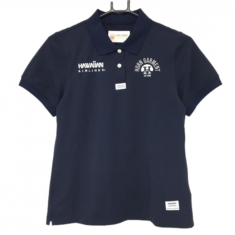 【超美品】ホーンガーメント×HAWAIIANAIRLINES 半袖ポロシャツ ネイビー×白 マークアンドロナ レディース 38(M) ゴルフウェア MARK＆LONA