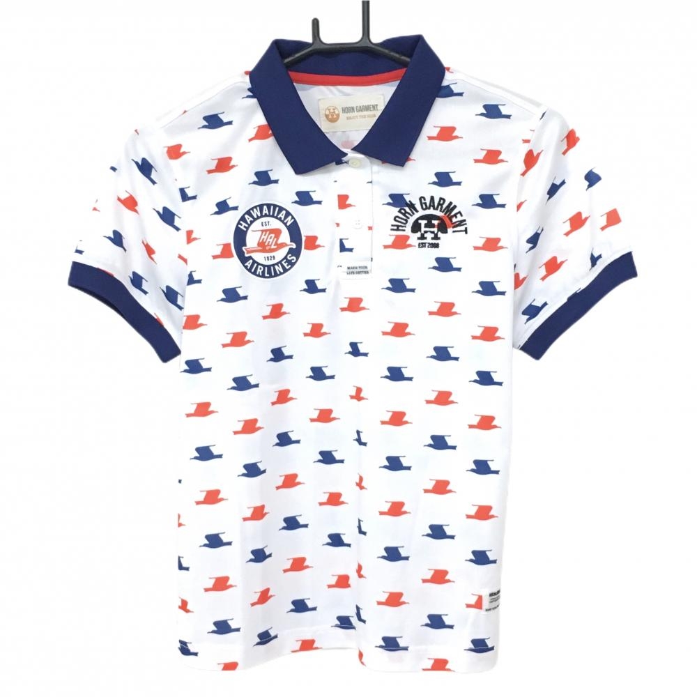 【美品】ホーンガーメント×HAWAIIANAIRLINES 半袖ポロシャツ 白×ネイビー×レッド系 鳥総柄 レディース 38(M) ゴルフウェア MARK＆LONA