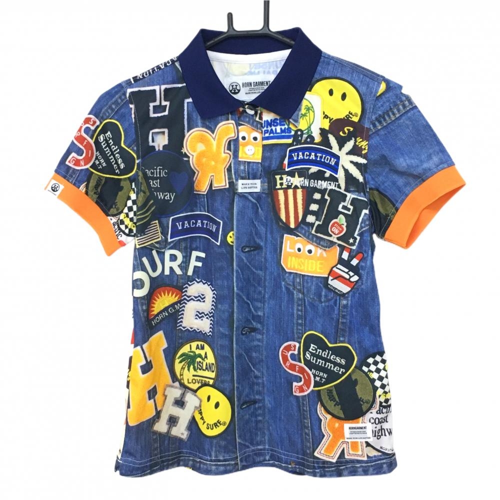 【超美品】ホーンガーメント 半袖ポロシャツ ネイビー×マルチカラー 総柄 ニコちゃん レディース 38(M) ゴルフウェア MARK＆LONA