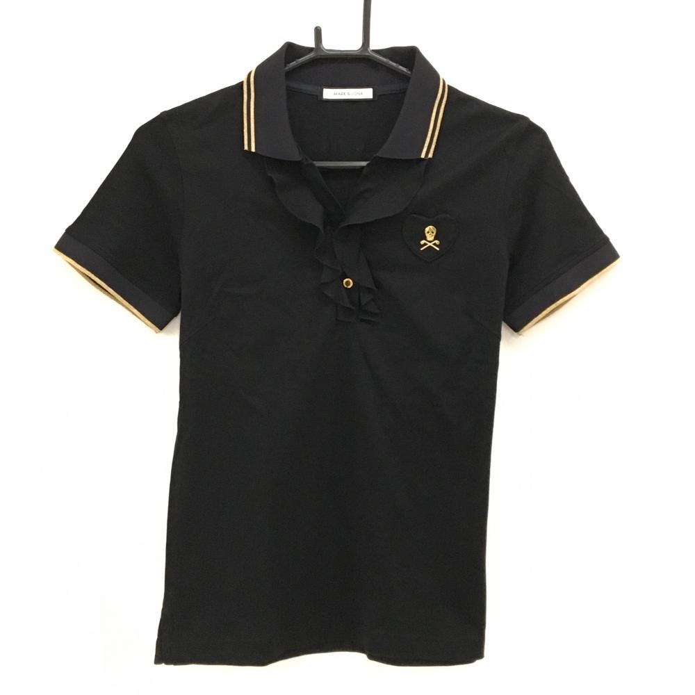 【超美品】マークアンドロナ 半袖ポロシャツ 黒×ゴールド 前立てフリル ハート スカル  レディース 38(M) ゴルフウェア MARK＆LONA