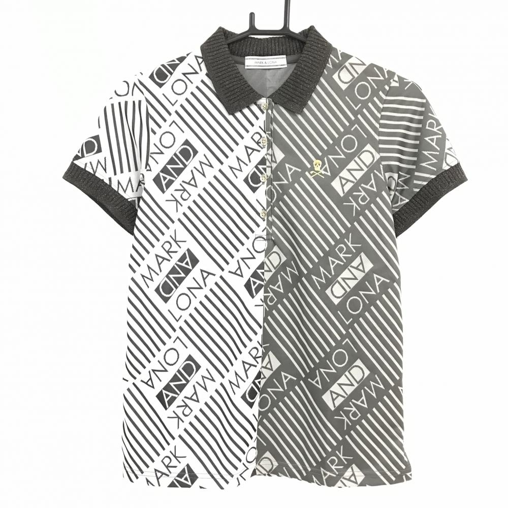 【美品】マークアンドロナ 半袖ポロシャツ ライトグレー×グレー ロゴ総柄 レディース 38(M) ゴルフウェア MARK＆LONA