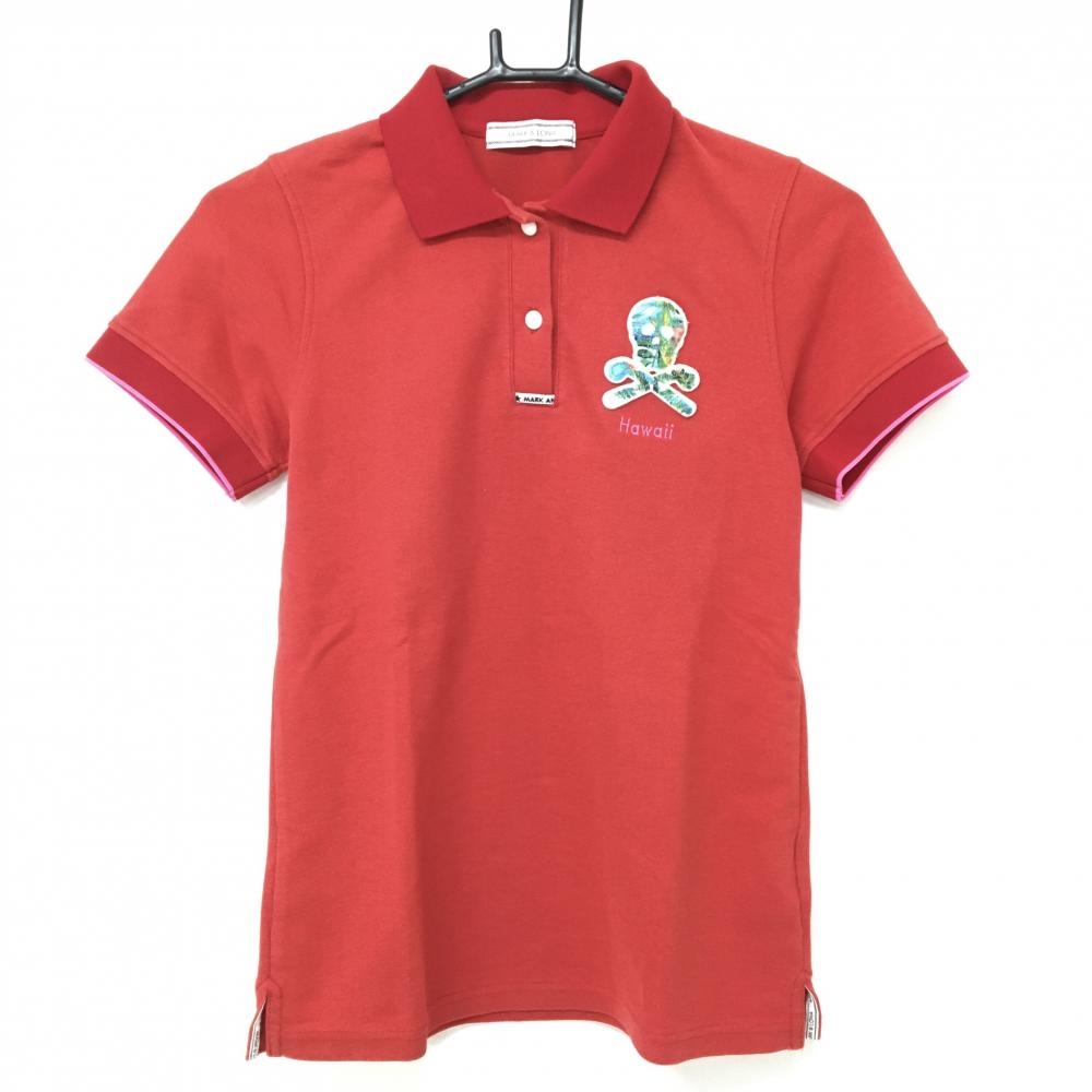 【美品】マークアンドロナ 半袖ポロシャツ レッド スカルワッペン バックロゴ レディース 36(S) ゴルフウェア MARK＆LONA