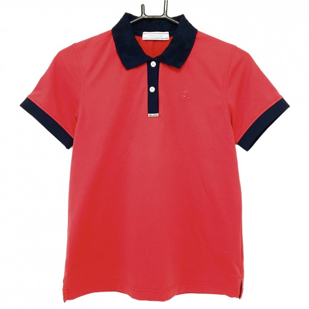 【超美品】マークアンドロナ 半袖ポロシャツ レッド×ダークネイビー 襟柄 スカル レディース 38(M) ゴルフウェア MARK＆LONA