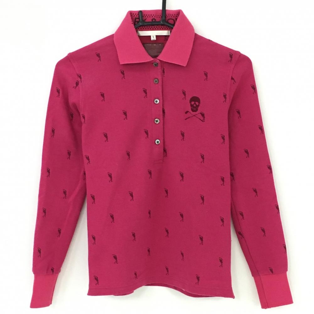 マークアンドロナ 長袖ポロシャツ ピンク 刺しゅう総柄 スカル レディース S ゴルフウェア MARK＆LONA