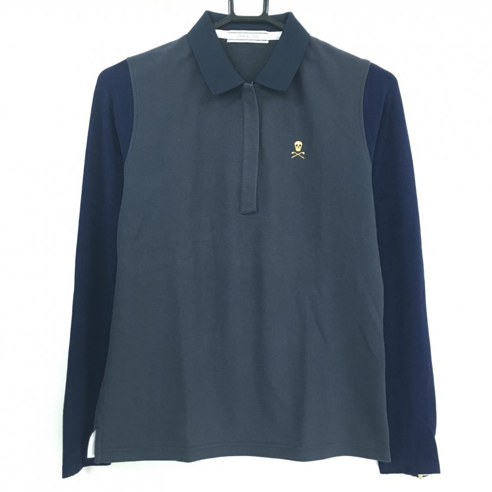 マークアンドロナ 異素材長袖ポロシャツ ネイビー スカル 袖微起毛素材 レディース M ゴルフウェア MARK＆LONA