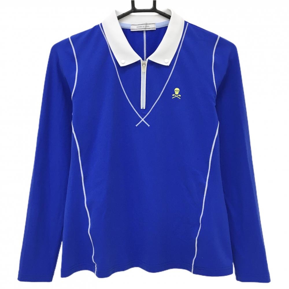 【超美品】マークアンドロナ 長袖ポロシャツ ブルー×白 裏微起毛 ハーフジップ スカル レディース 40(L) ゴルフウェア MARK＆LONA