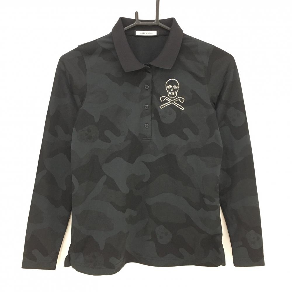 マークアンドロナ 長袖ポロシャツ 黒 迷彩 カモフラ スカル レディース 38(M) ゴルフウェア MARK＆LONA