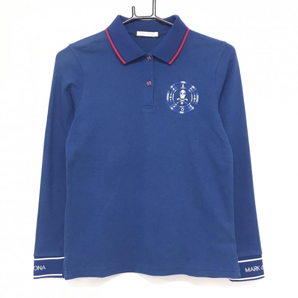 マークアンドロナ 長袖ポロシャツ ネイビー×レッド ロゴ刺しゅう レディース 38(M) ゴルフウェア MARK＆LONA