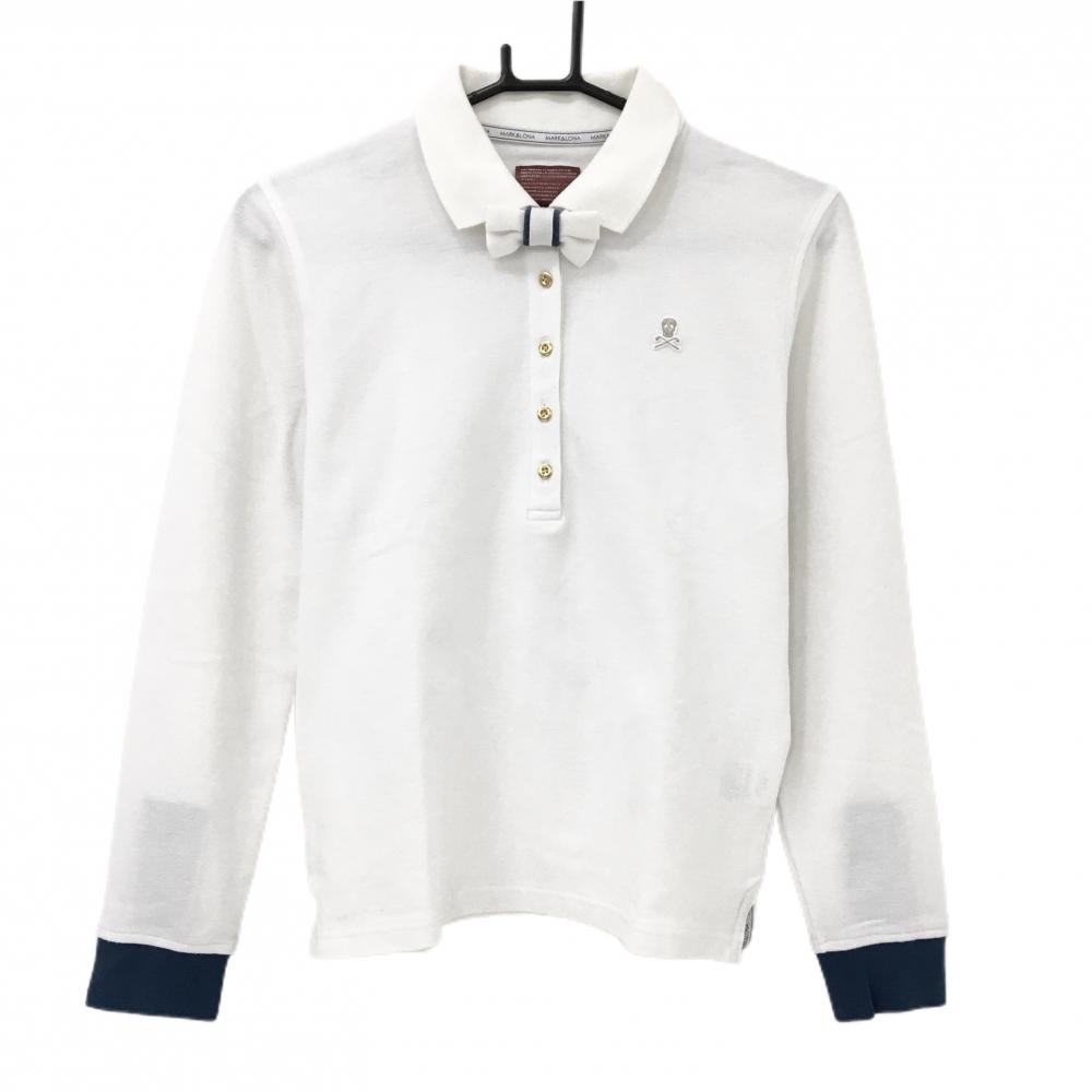 マークアンドロナ 長袖ポロシャツ 白 ネックリボン着脱可 レディース M ゴルフウェア MARK＆LONA