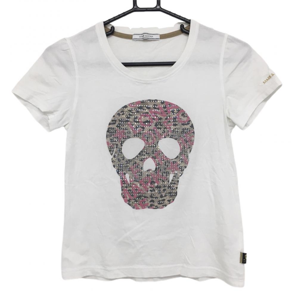 【美品】マークアンドロナ Tシャツ 白×ピンク スカル ラインストーン レディース S ゴルフウェア MARK＆LONA