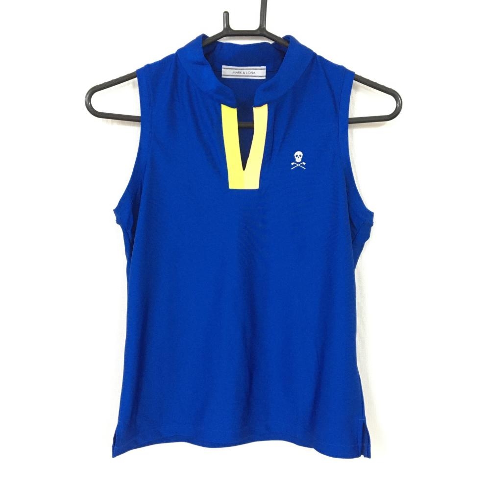 【超美品】マークアンドロナ ノースリーブシャツ ブルー×イエロー  ストレッチ スキッパー スカル レディース S ゴルフウェア MARK＆LONA