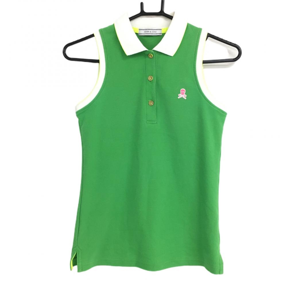 マークアンドロナ ノースリーブポロシャツ グリーン×白 スカル コットン混  レディース XS ゴルフウェア MARK＆LONA