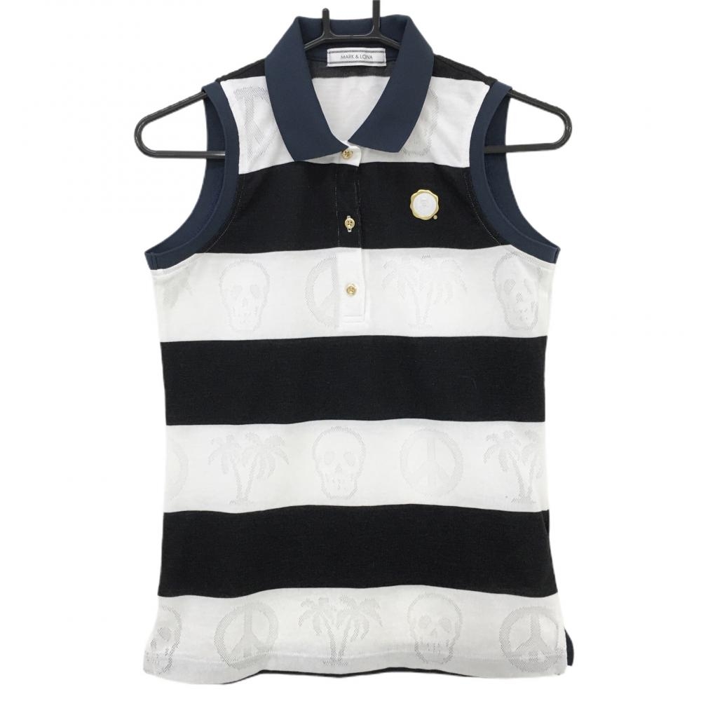 【超美品】マークアンドロナ ノースリーブポロシャツ 白×黒 ボーダー 一部透かし柄 スカル レディース M ゴルフウェア MARK＆LONA