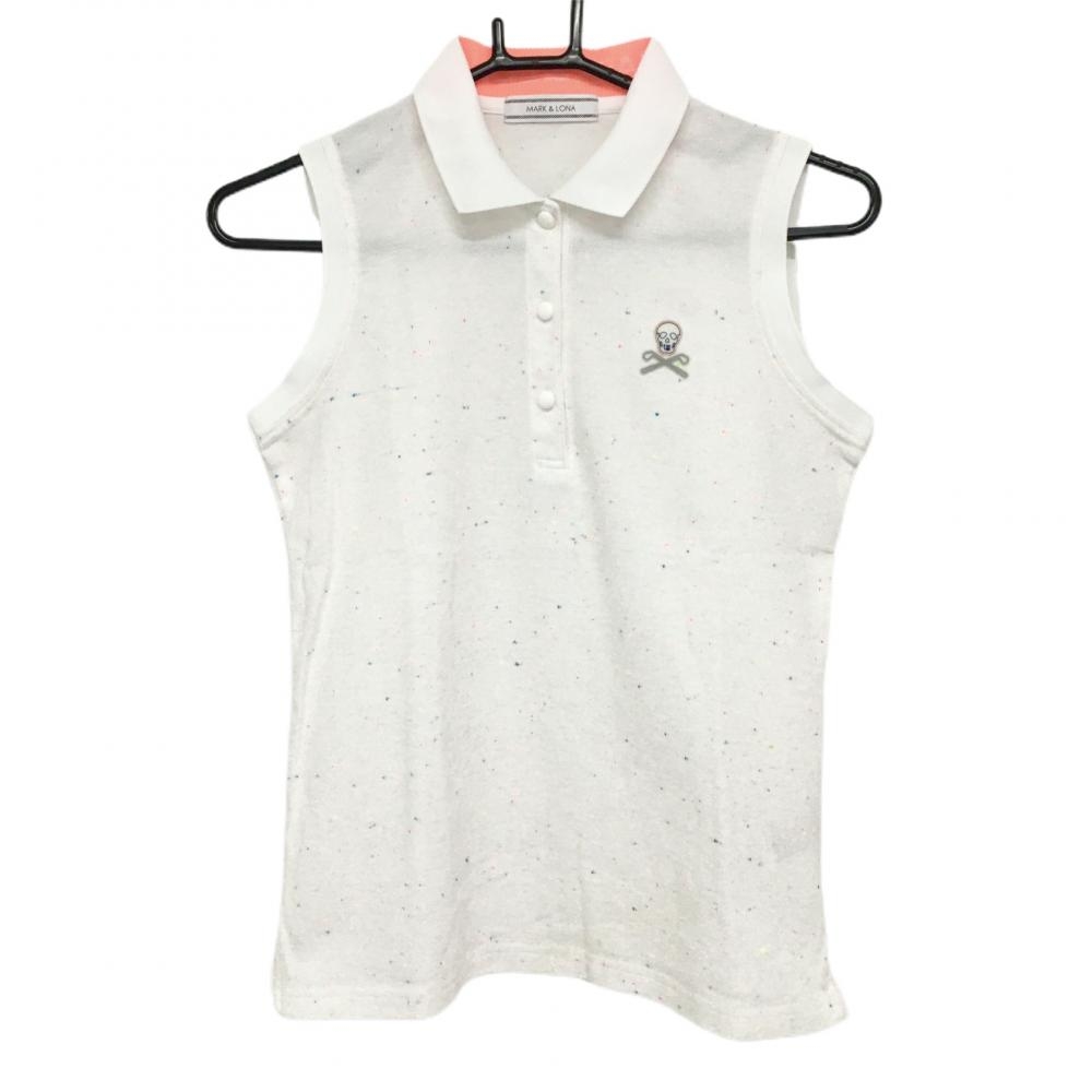 【美品】マークアンドロナ ノースリーブポロシャツ 白×マルチ スカル 襟裏ロゴ レディース M ゴルフウェア MARK＆LONA