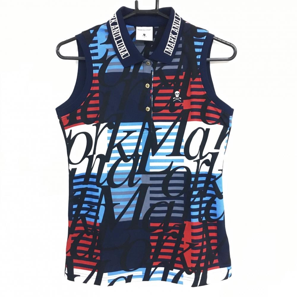 【超美品】マークアンドロナ ノースリーブポロシャツ ネイビー×レッド×ライトブルー ボーダー レディース 38(M) ゴルフウェア MARK＆LONA