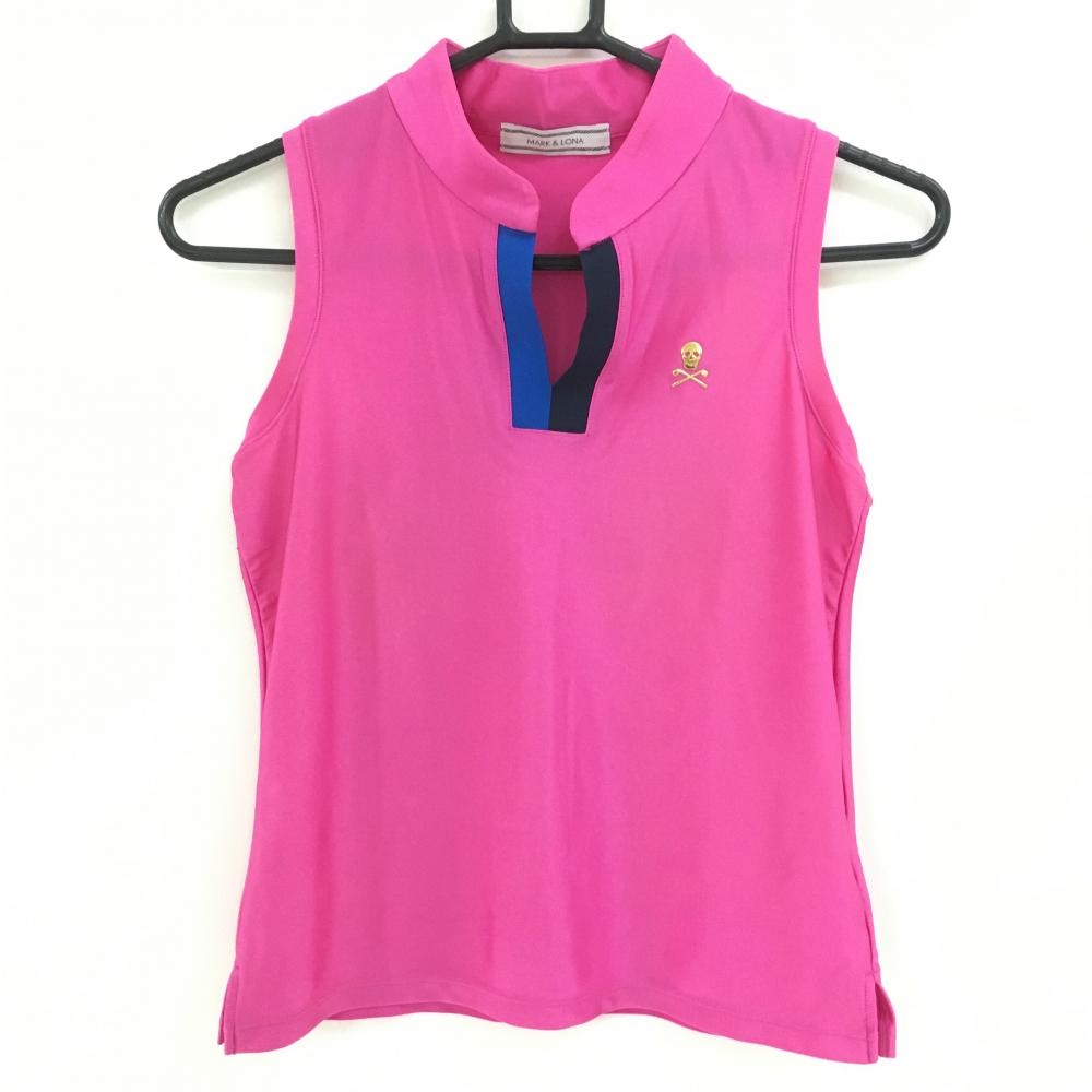 【超美品】マークアンドロナ ノースリーブスキッパーシャツ ピンク×ブルー スカル ナイロン混 レディース S ゴルフウェア MARK＆LONA