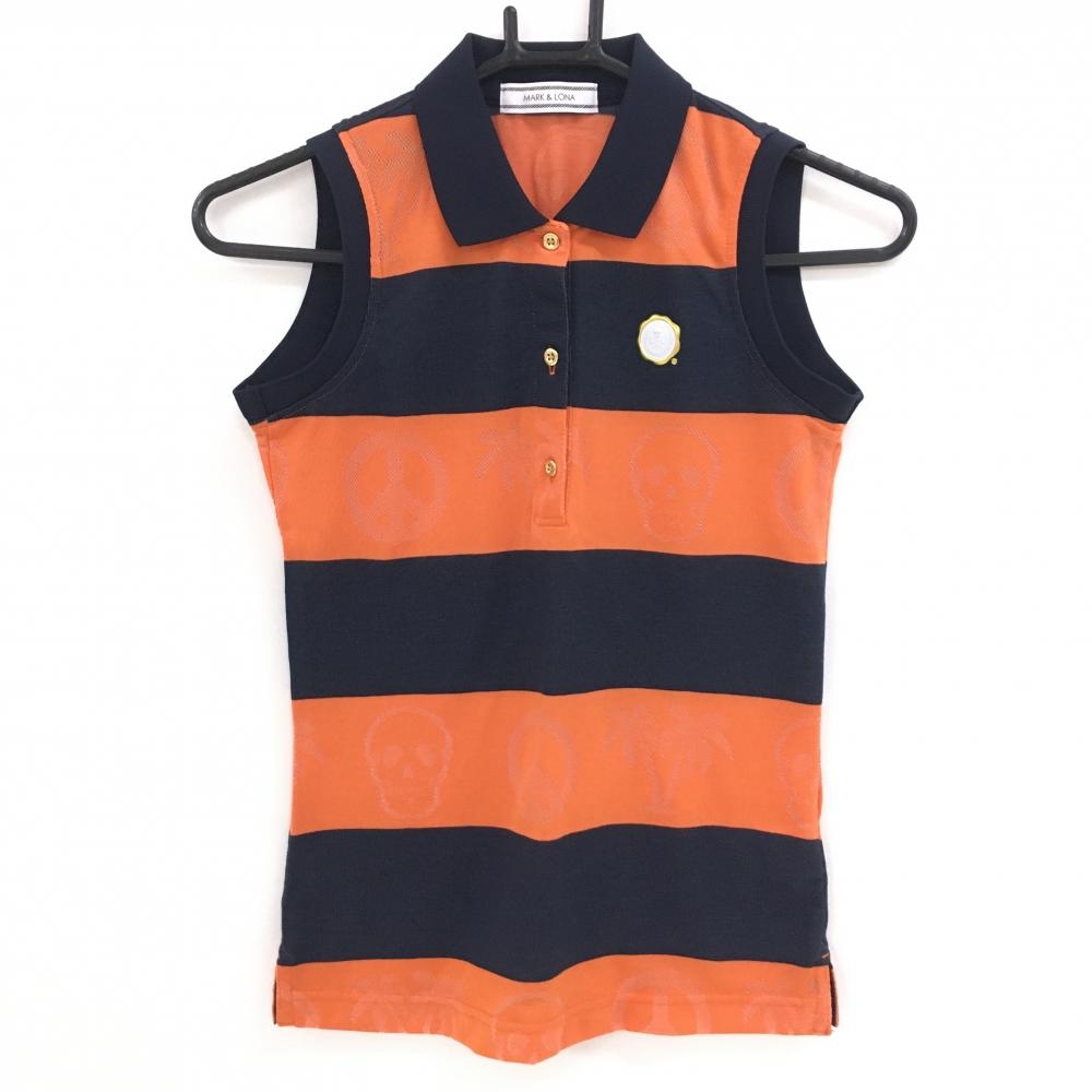 【超美品】マークアンドロナ ノースリーブポロシャツ ダークネイビー×オレンジ  レディース XS ゴルフウェア MARK＆LONA