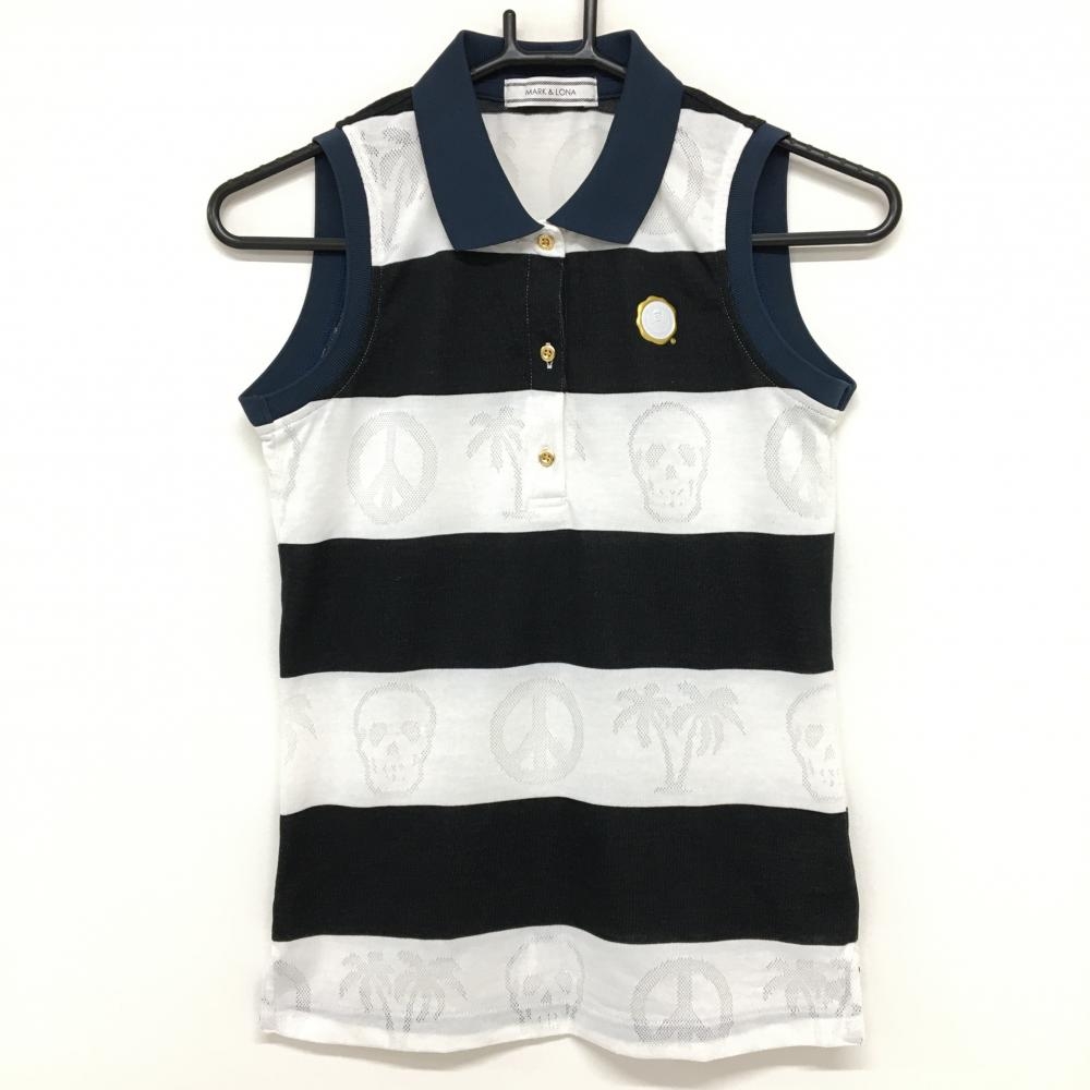 マークアンドロナ ノースリーブポロシャツ 白×ダークネイビー ボーダー 白地部分柄 立体ロゴ レディース S ゴルフウェア MARK＆LONA