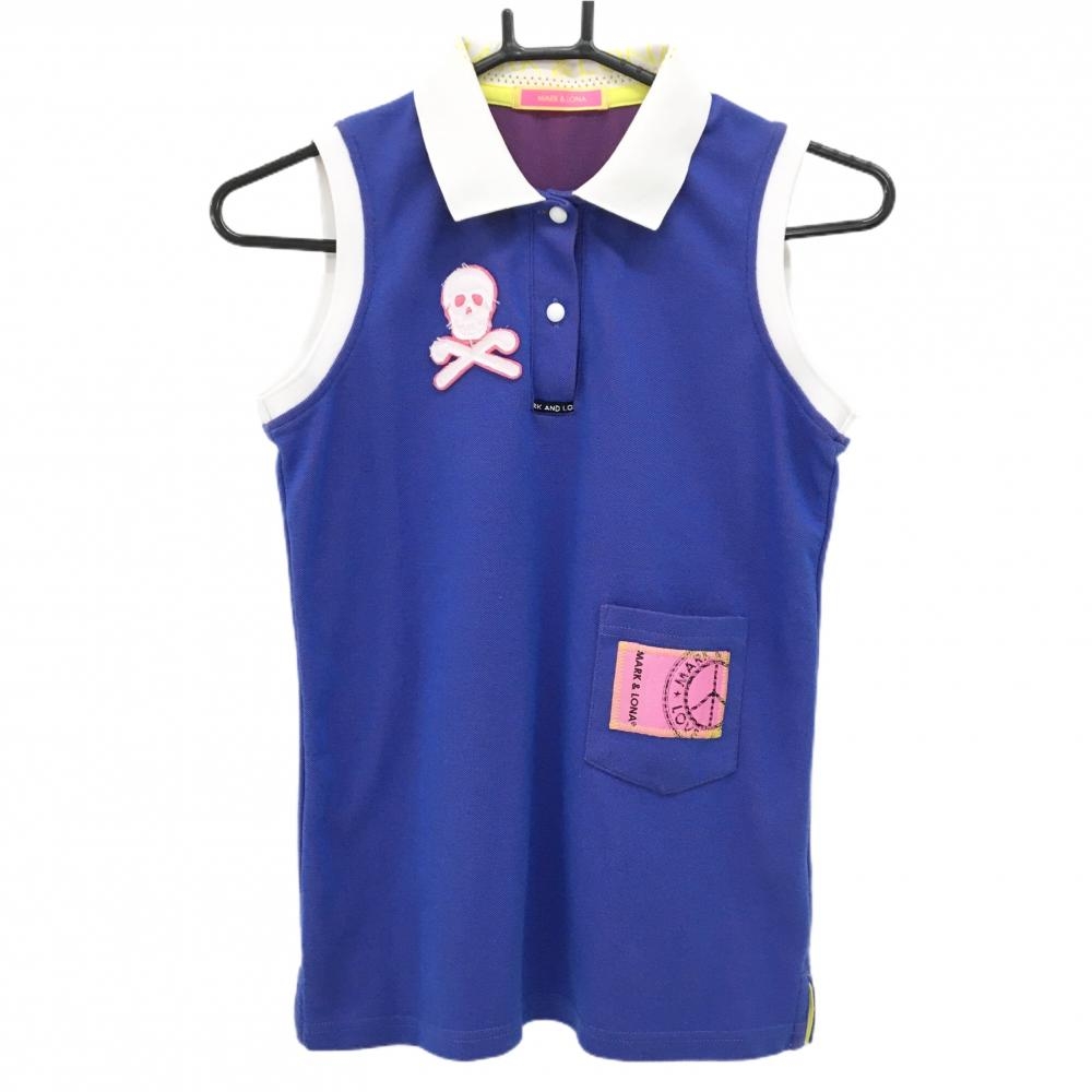 【超美品】マークアンドロナ ノースリーブポロシャツ ブルー×白 襟一部メッシュ レディース 36(S) ゴルフウェア MARK＆LONA