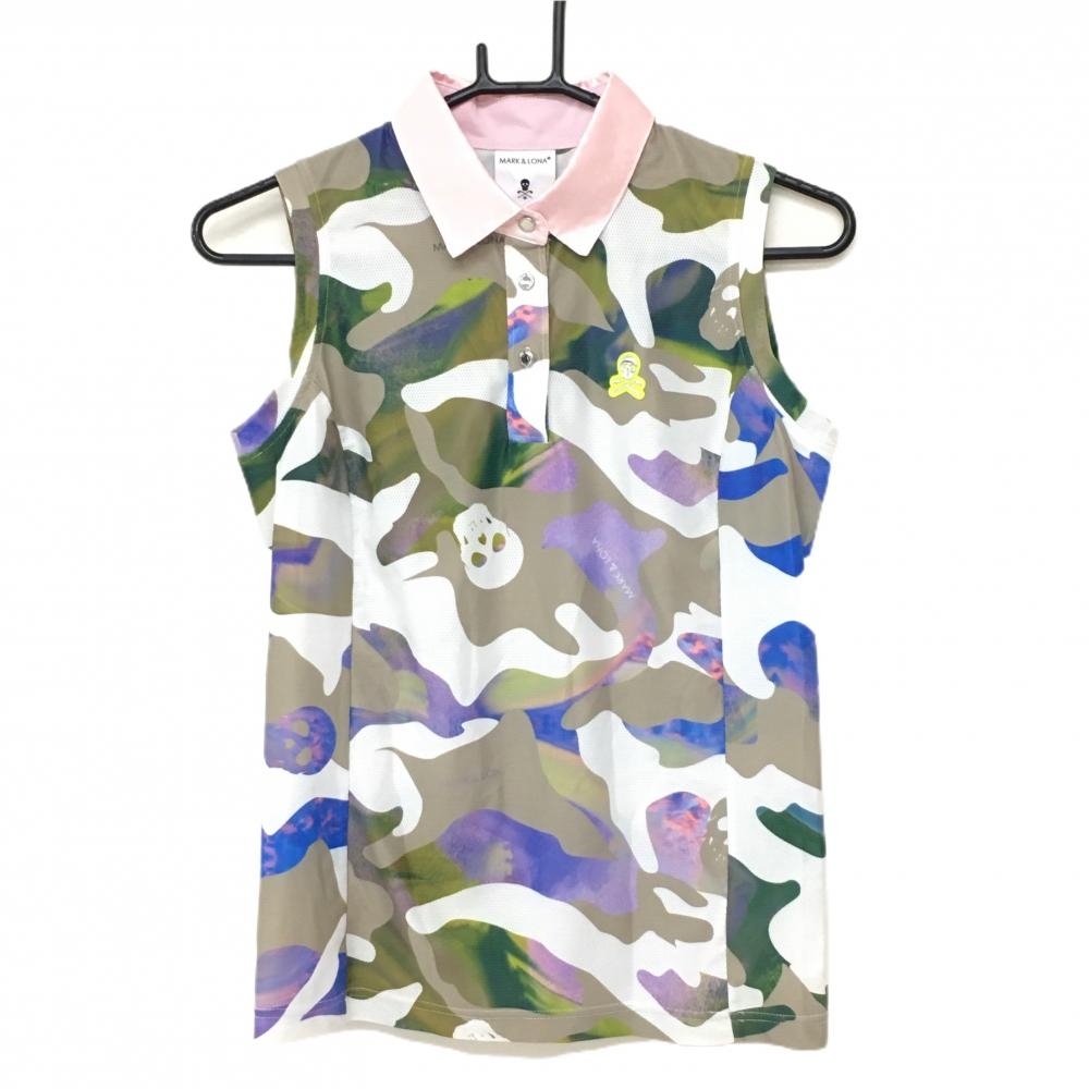 【超美品】マークアンドロナ ノースリーブポロシャツ 白×グレージュ×パープル 迷彩 カモフラ レディース 38(M) ゴルフウェア MARK＆LONA