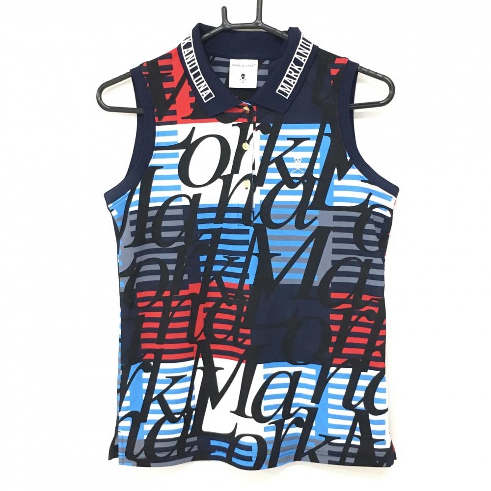 【美品】マークアンドロナ ノースリーブポロシャツ ライトブルー×レッド×黒  レディース 38(M) ゴルフウェア MARK＆LONA