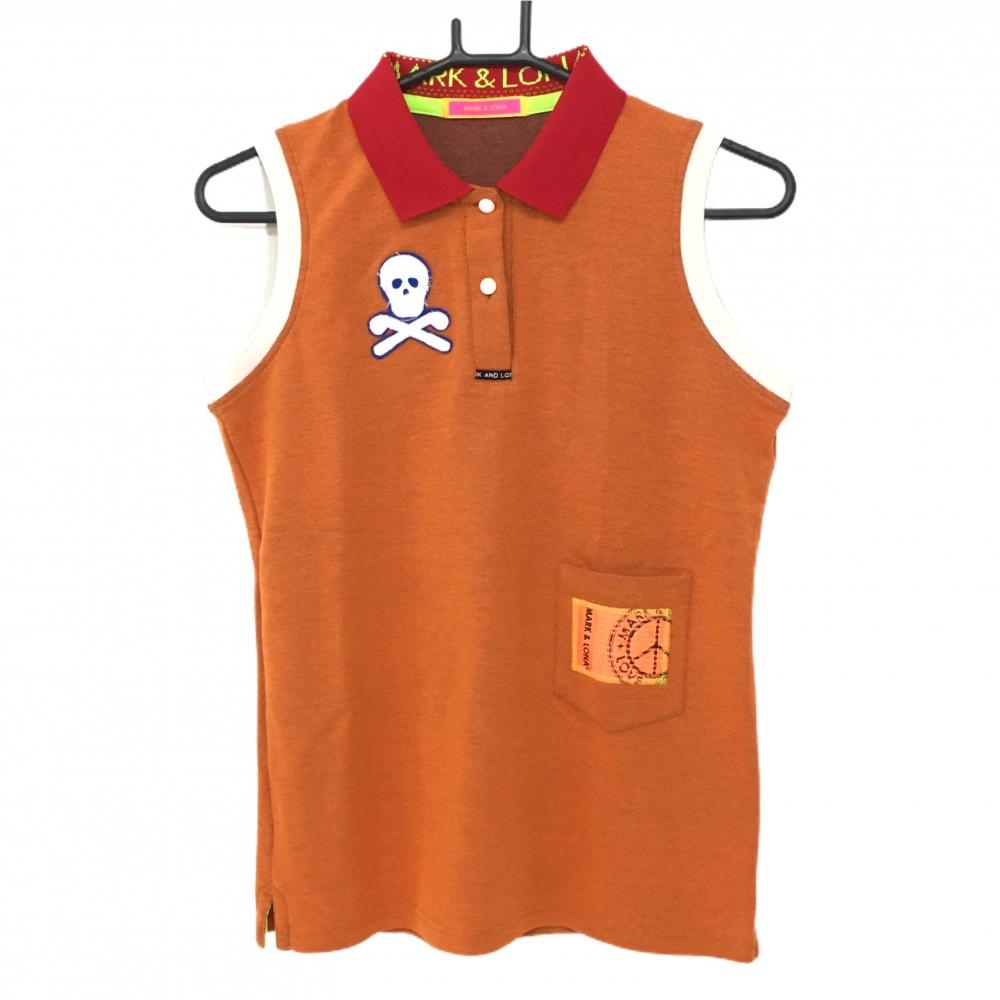 【超美品】マークアンドロナ ノースリーブポロシャツ オレンジ×レッド ダメージ加工スカル レディース 38(M) ゴルフウェア MARK＆LONA