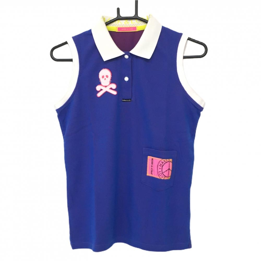 【美品】マークアンドロナ ノースリーブポロシャツ ブルー×白 ダメージ加工スカル ポケット付 レディース 38(M) ゴルフウェア MARK＆LONA