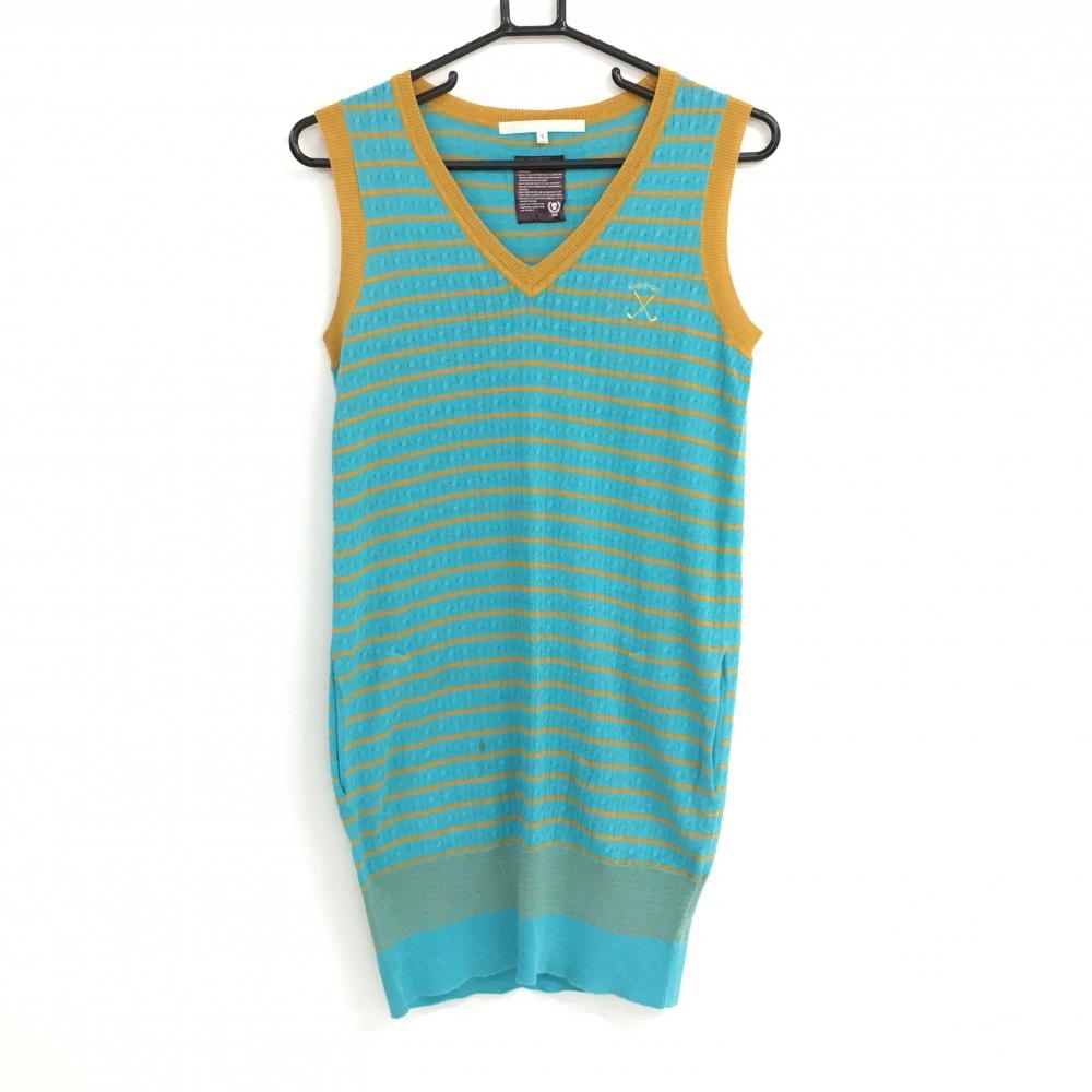 【美品】マークアンドロナ ニットノースリーブワンピース ライトブルー×ライトブラウン ボーダー レディース S ゴルフウェア MARK＆LONA