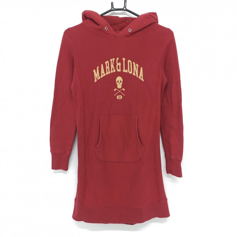 【美品】マークアンドロナ 長袖パーカーワンピース レッド×イエロー スウェット コットン100％ レディース S ゴルフウェア MARK＆LONA