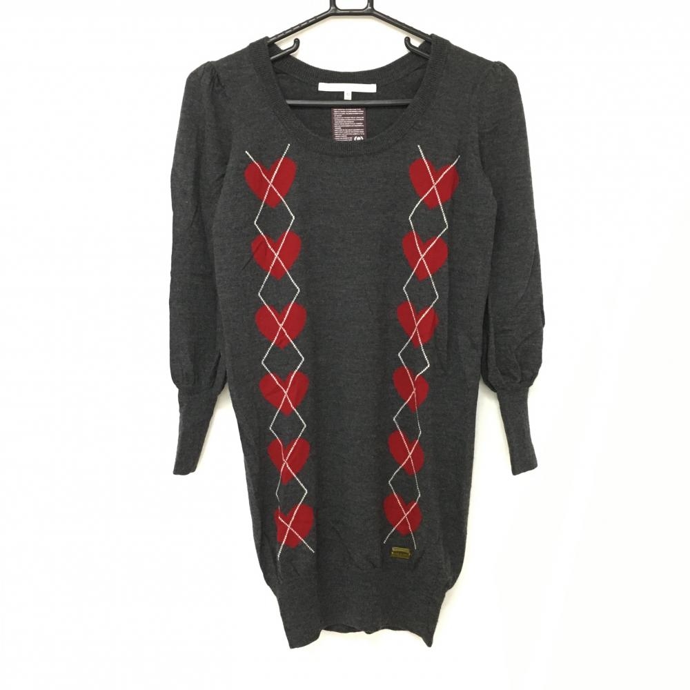 【超美品】マークアンドロナ 長袖ニットワンピース グレー×レッド ウール100％ ハート レディース ＸＳ ゴルフウェア MARK＆LONA
