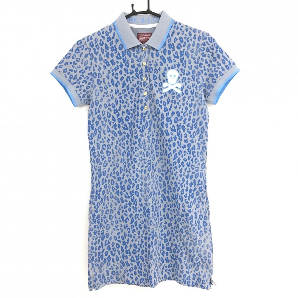 マークアンドロナ 半袖ポロワンピース グレー×ライトブルー レオパード柄 スカル  レディース M ゴルフウェア MARK＆LONA