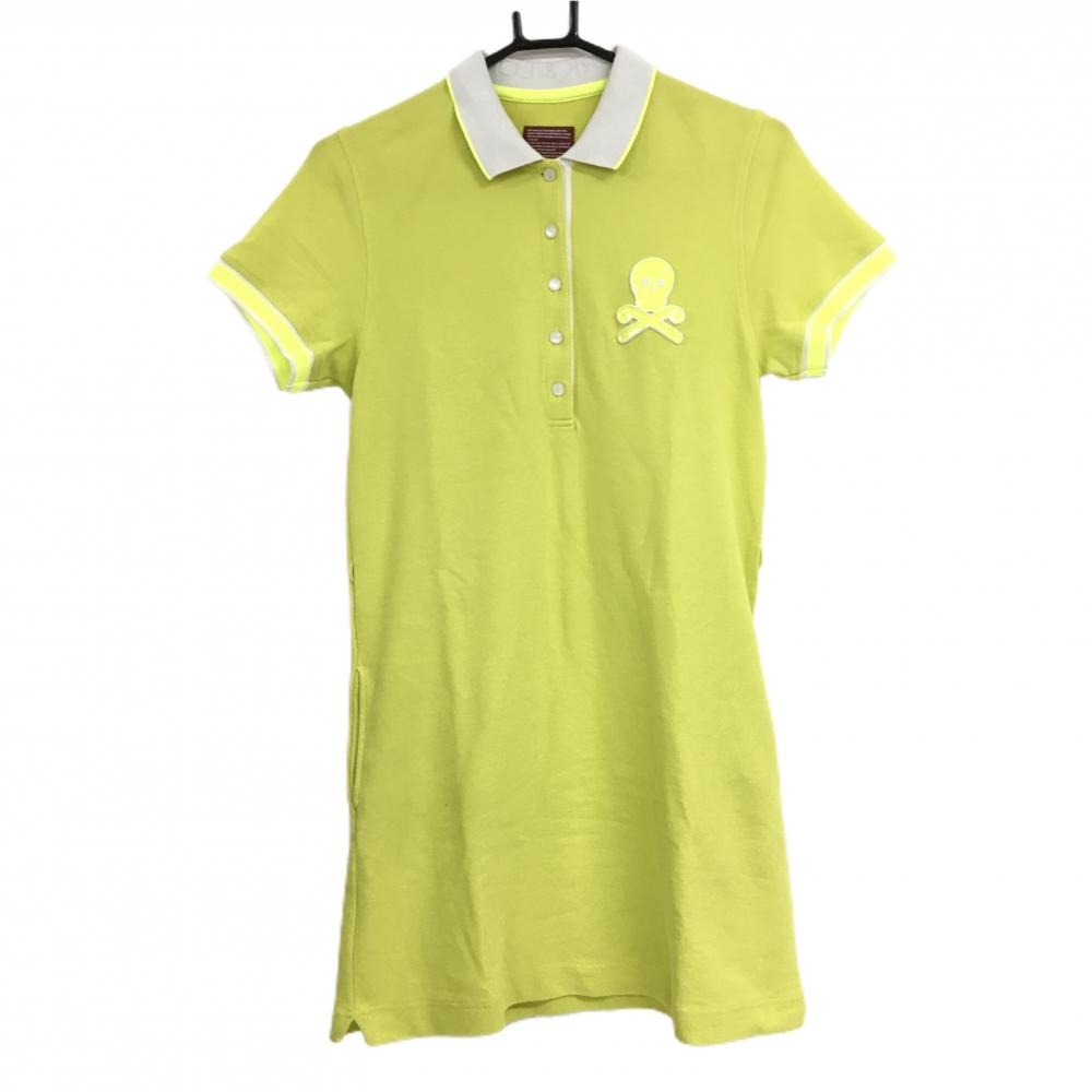 マークアンドロナ 半袖ポロワンピース イエロー スカル 襟裏ロゴ  レディース M ゴルフウェア MARK＆LONA