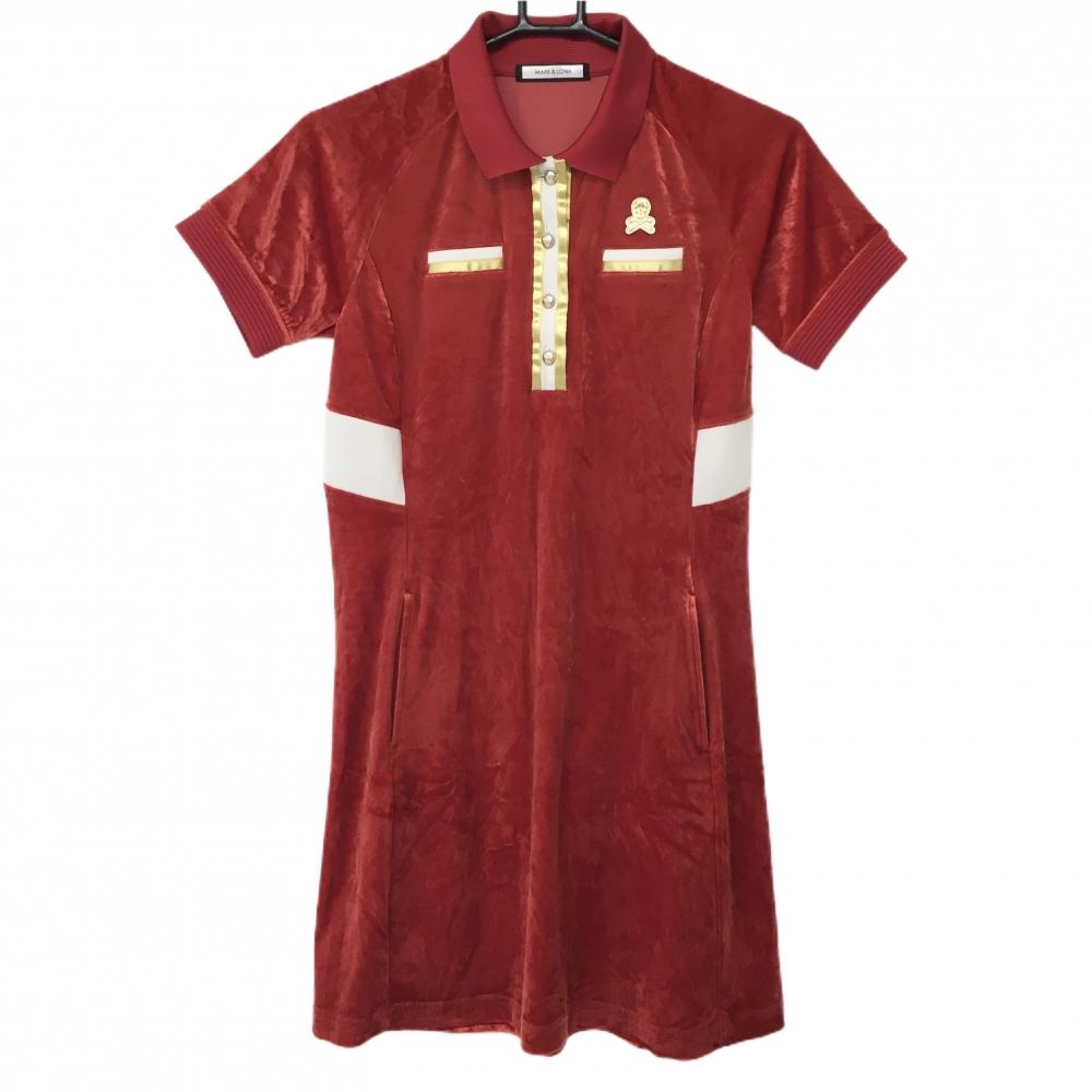 【超美品】マークアンドロナ 半袖ポロワンピース レッド×白 ベロア スカル レディース 38(M) ゴルフウェア MARK＆LONA