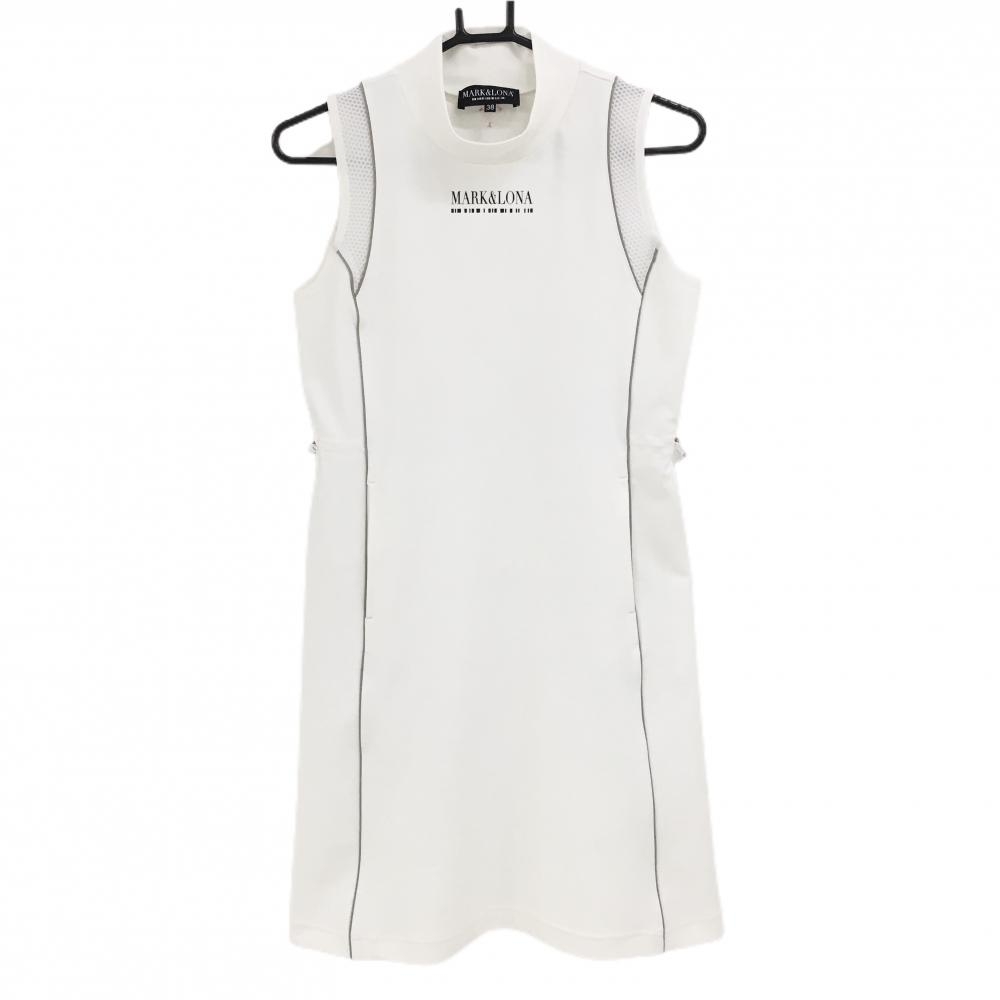 【超美品】マークアンドロナ ノースリーブワンピース 白×グレー パイピンクライン ハイネック レディース 38(M) ゴルフウェア MARK＆LONA