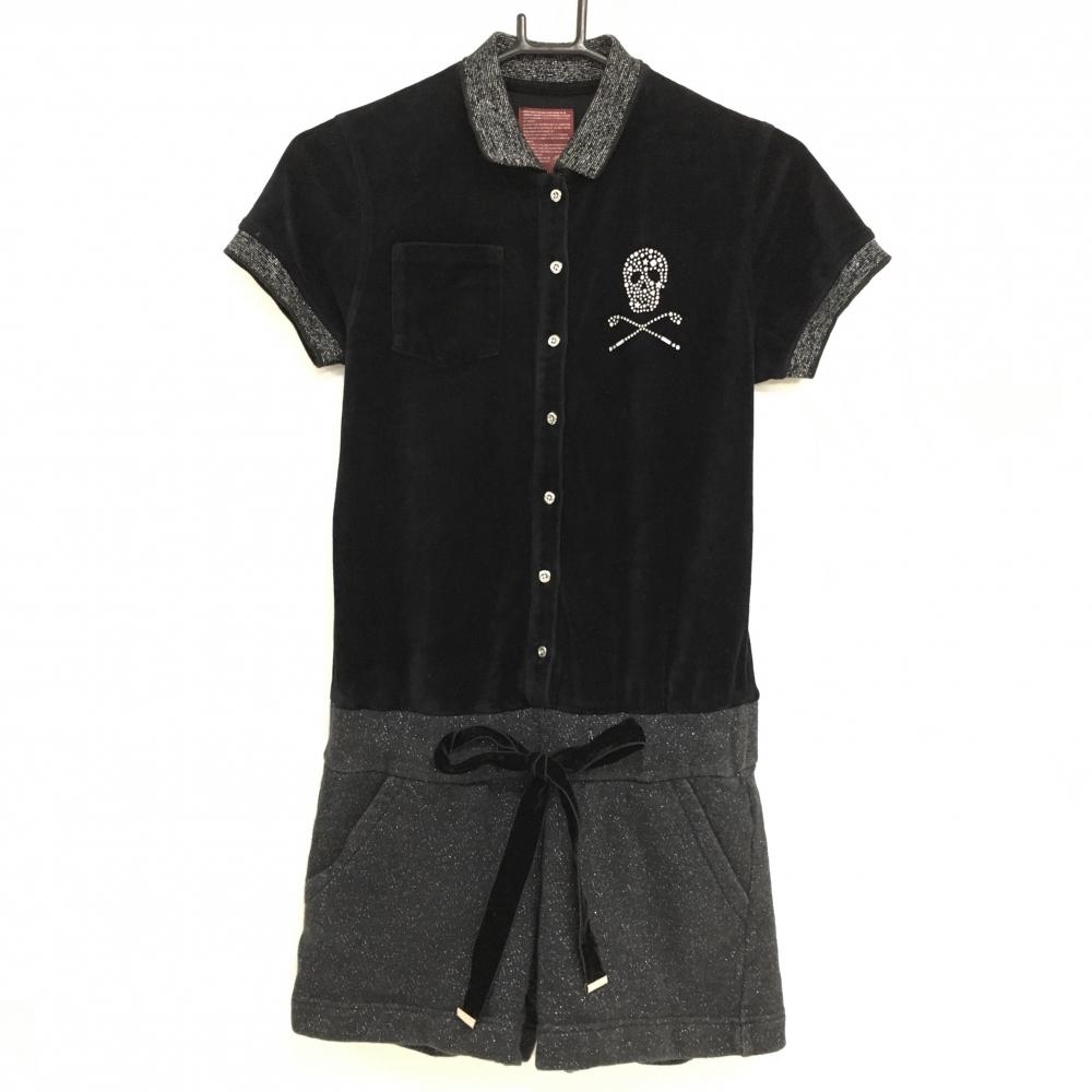 マークアンドロナ オールインワン 黒×シルバー スカル ベロア ラメ レディース S ゴルフウェア MARK＆LONA