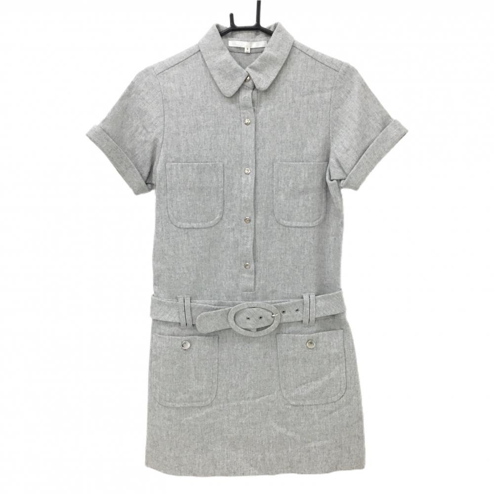 【超美品】マークアンドロナ 半袖ポロワンピース ライトグレー ウール混 裏地付 共布ベルト付き レディース S ゴルフウェア MARK＆LONA