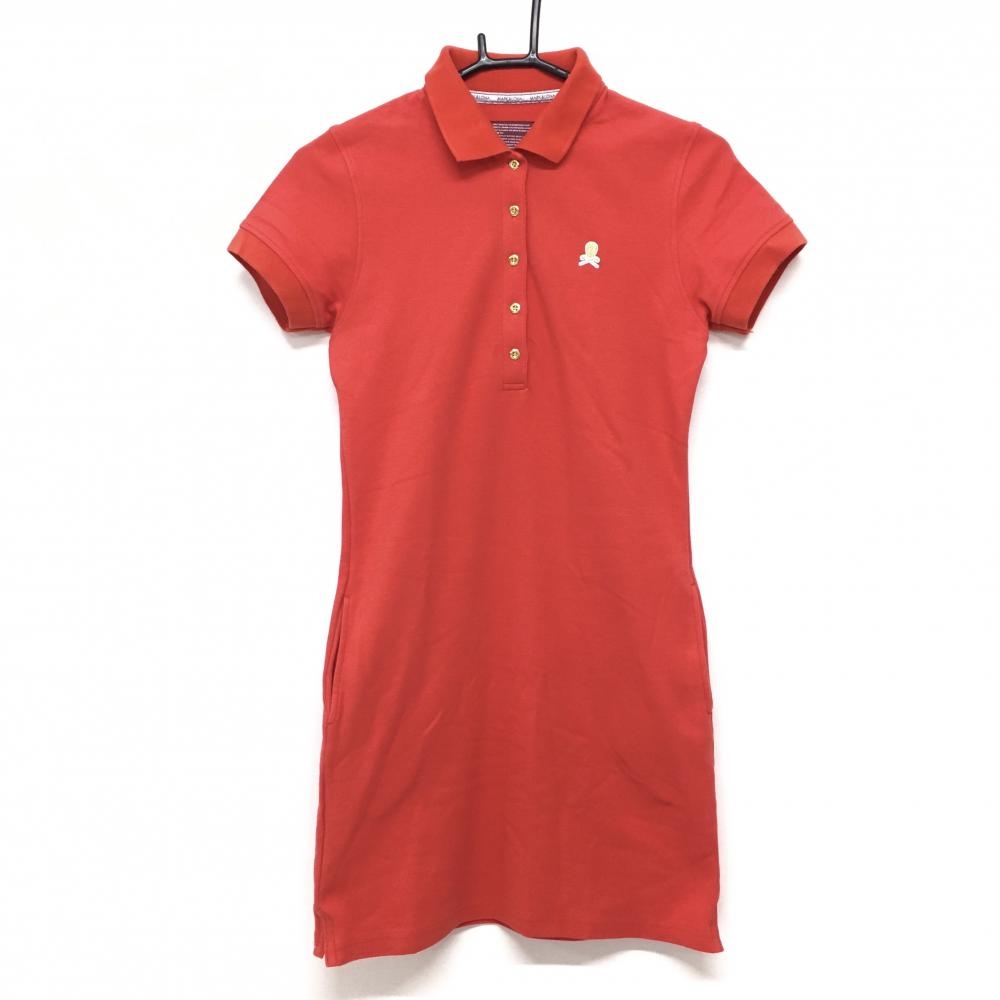 【美品】マークアンドロナ 半袖ポロワンピース レッド 襟裏ロゴ スカルワッペン レディース S ゴルフウェア MARK＆LONA
