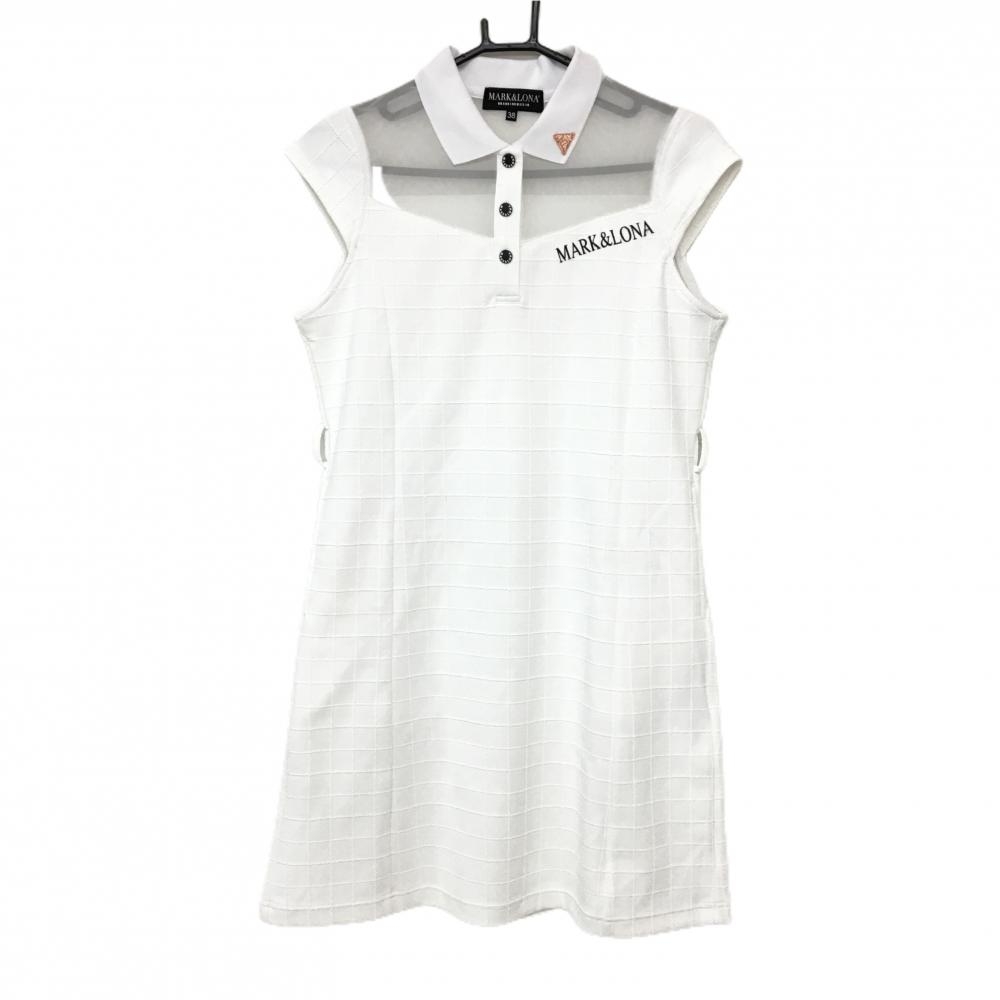 【美品】マークアンドロナ 半袖ワンピース 白 格子織生地 一部透け感 スナップボタン  レディース 38(M) ゴルフウェア MARK＆LONA