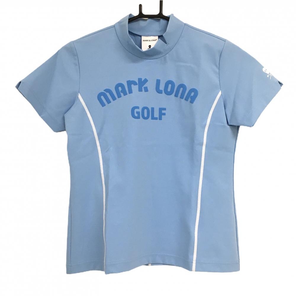 【新品】マークアンドロナ 半袖ハイネックシャツ ライトブルー×白 レディース 38(M) ゴルフウェア 2023年モデル MARK＆LONA