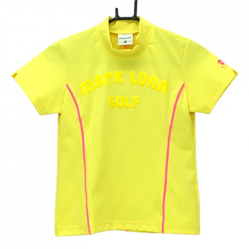 【新品】マークアンドロナ 半袖ハイネックシャツ イエロー×ピンク ロゴプリント レディース 36(S) ゴルフウェア 2023年モデル MARK＆LONA